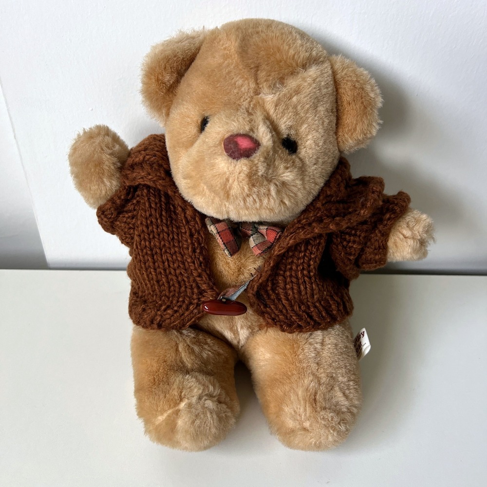 Vintage Bradley Bear Plush Teddy in Knit Cardigan & Plaid Bow Tie Korea 9"